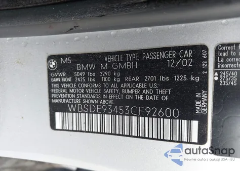 2003 BMW M5 from USA, damaged, VIN WBSDE93453CF92600